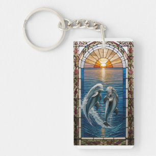 Porte-clefs Belle œuvre d'art en verre coloré avec des dauphin