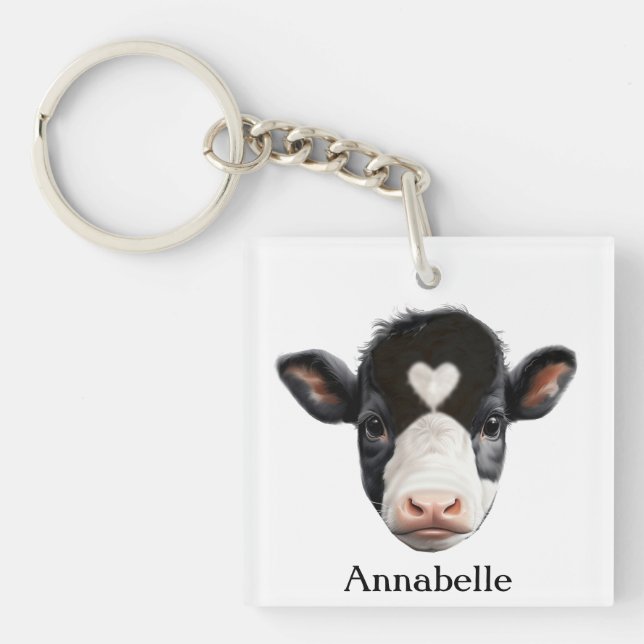 Porte-clefs Belle tête de vache noire et blanche (Devant)
