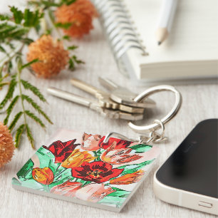 Porte-clefs Belle Tulipes Bouquet Floral Black Outline Art