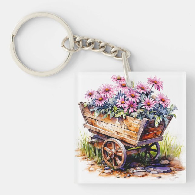 Porte-clefs Belles fleurs d'aster dans une brouette (Devant)