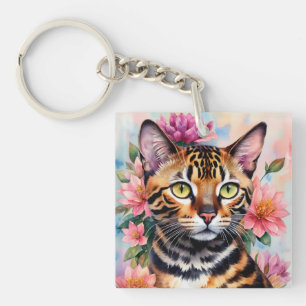 Porte-clefs Bengale Chat Floral Aquarelle Art