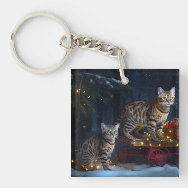 Porte-clefs Bengale Chat Snowy Sleigh Ride Décor de Noël (Devant)