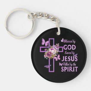 Porte-clefs Béni par Dieu sauvé par Jésus Croix Florale pourpr