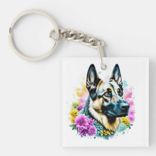 Porte-clefs berger allemand et fleurs ai art Personnalisé