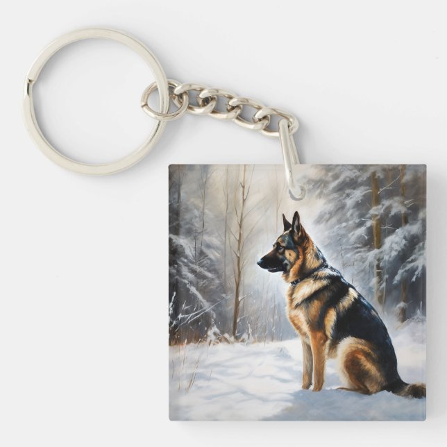 Porte-clefs Berger Allemand Laisser Neige Noël (Devant)