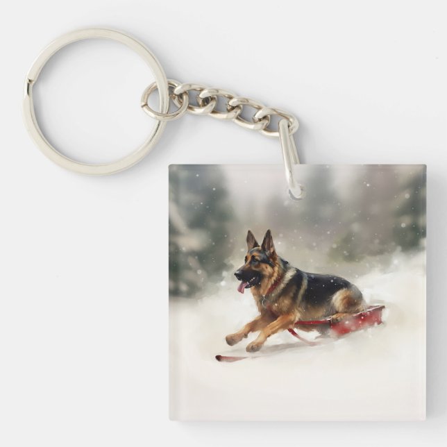 Porte-clefs Berger allemand neige de Noël hiver (Devant)