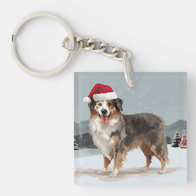 Porte-clefs Berger Australien dans la neige de Noël  (Devant)