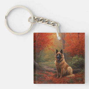 Porte-clefs Berger Belge dans les feuilles d'automne qui tombe
