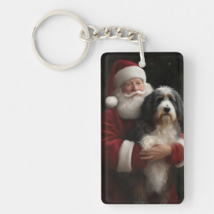 Porte-clefs Bernedoodle avec le Père Noël Festif Noël