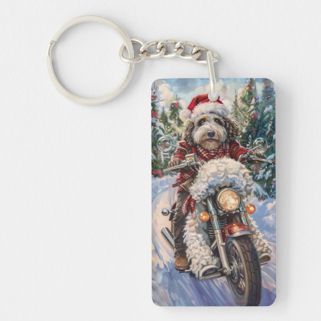 Porte-clefs Bernedoodle Chien à moto Noël (Devant)