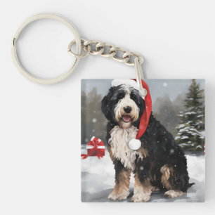 Porte-clefs Bernedoodle Chien dans Noël de neige