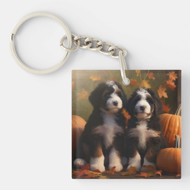 Porte-clefs Bernedoodle Chiot Automne Citrouille de plaisir (Devant)