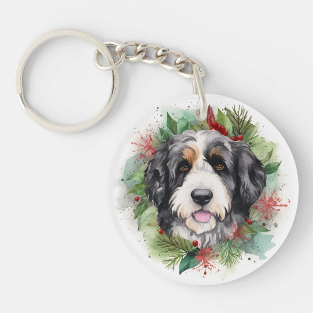 Porte-clefs Bernedoodle Christmas Wreath Festive Pup (Devant)
