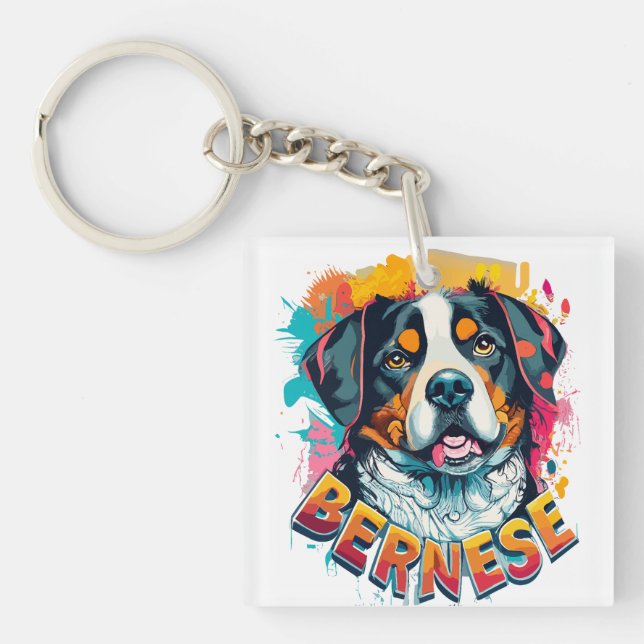 Porte-clefs Bernese Mountain Dog Head Vibré couleur éclaboussu (Devant)