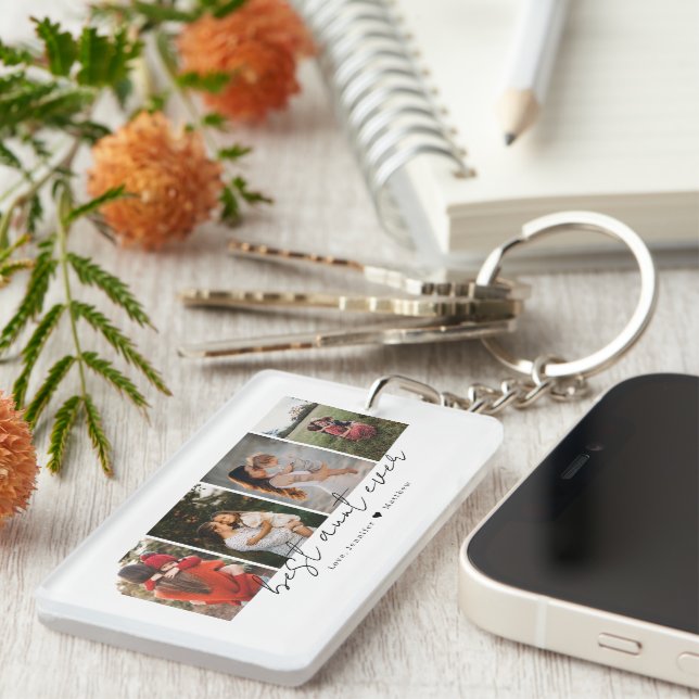 Porte-clefs Best Aunt Ever Modern Script 4 Photos Collage Gift (Devant droit)