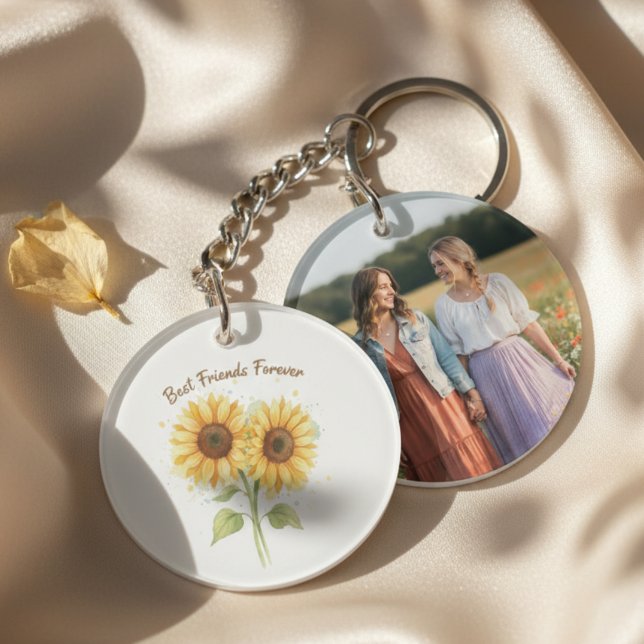 Porte-clefs Best Friends Keychain - Watercolor Sunflowers (Best friend sunflower photo keychain)