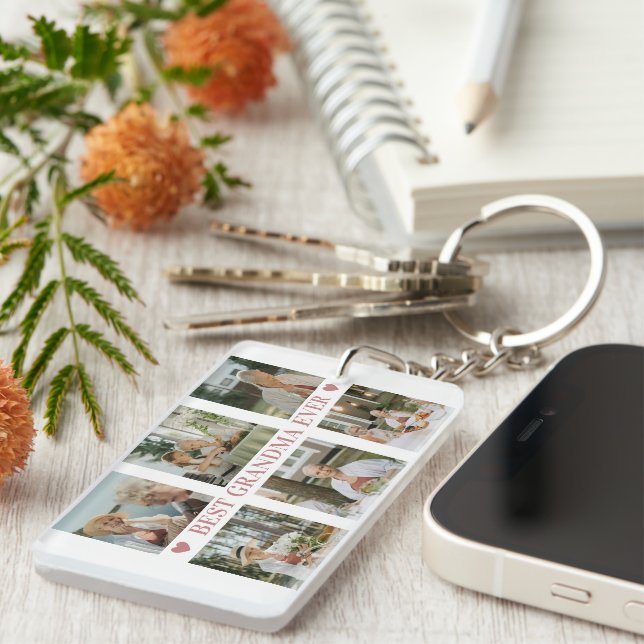 Porte-clefs Best Grandma Ever Photo Collage – Gift with Hearts (Devant droit)