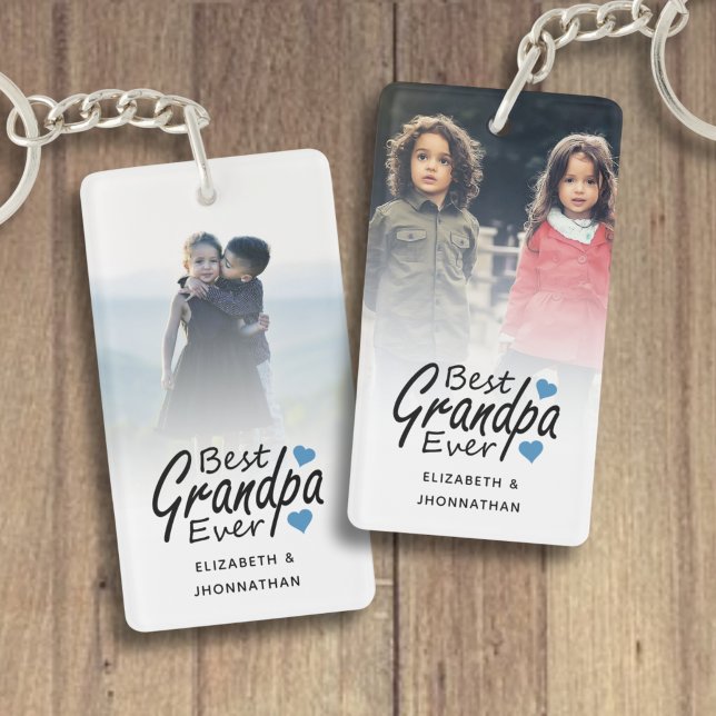 Porte-clefs Best Grandpa Ever Script Name Blue Heart and Photo (Créateur téléchargé)