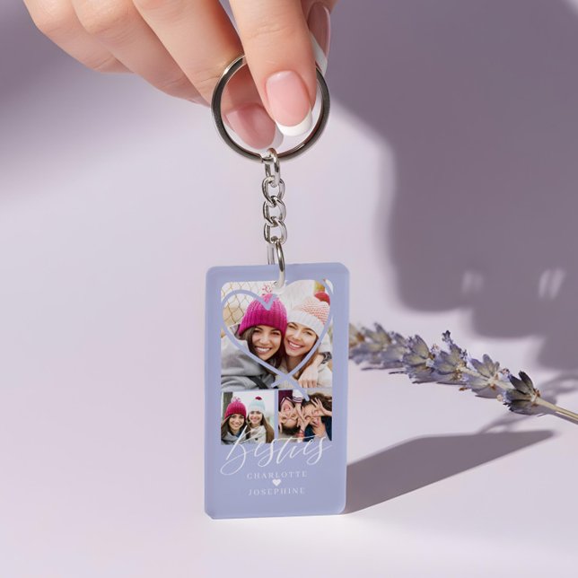 Porte-clefs Besties Script BFFs Heart 3 Photo Grid Collage (Besties Script BFFs Heart 3 Photo Grid Collage Keychain)