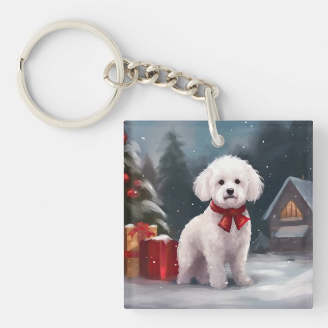 Porte-clefs Bichon Frise dans la neige à Noël  (Devant)