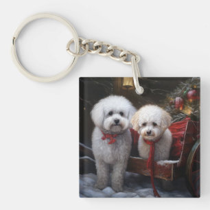 Porte-clefs Bichon Frise enneigé traîneau décoration de Noël