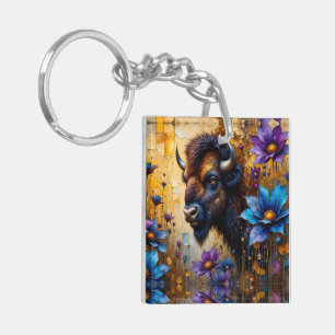 Porte-clefs Bison américain dans un portrait de fleur texturée