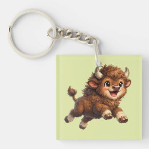 Porte-clefs Bison Mignon aux Grands Yeux Cartoon de Faune Heur
