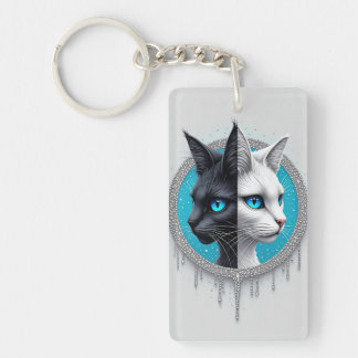Porte-clefs Black and White Cat Split Portrait With Blue Eyes