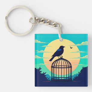 Porte-clefs Black Bird in Empty Cage on Hill Silhouetted Again