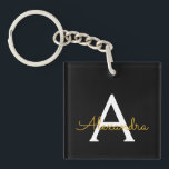 Porte-clefs Black Gold Modern Script Girl Monogramme Nom<br><div class="desc">Noir et or Simple Script Monogramme Nom Porte - clé. Cela rend le cadeau parfait pour 16 ans,  mariage,  douche nuptiale,  anniversaire,  baby shower ou bachelorette pour quelqu'un qui aime le luxe glam et les styles chic.</div>