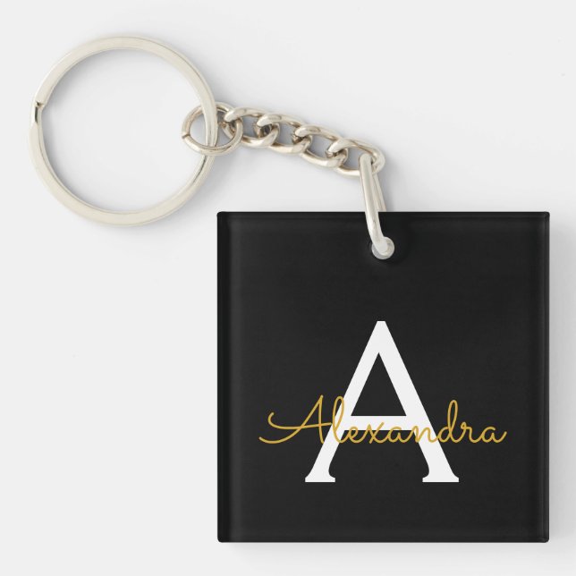 Porte-clefs Black Gold Modern Script Girl Monogramme Nom (Devant)