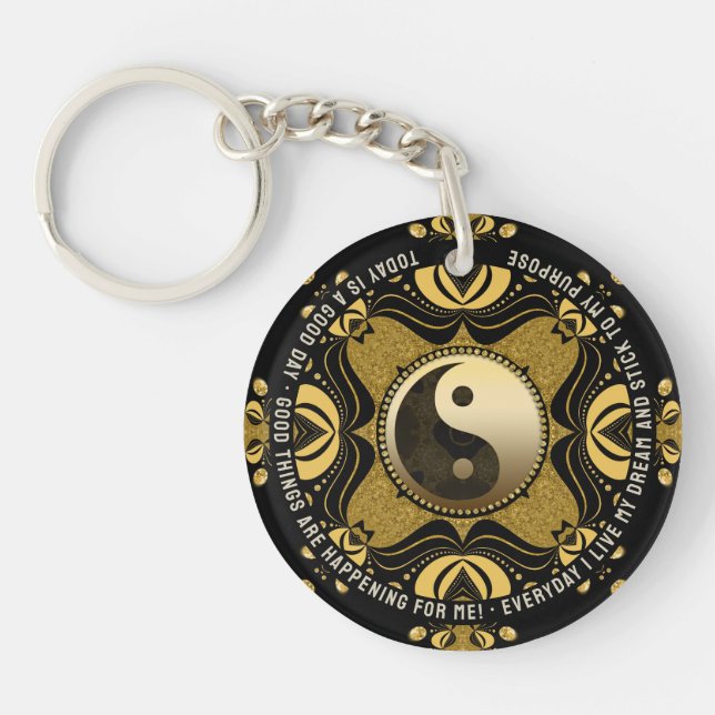 Porte-clefs Black Gold Yin Yang Balance Affirmation Mots (Devant)