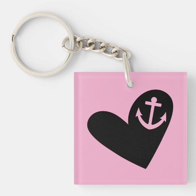 Porte-clefs Black Heart Anchor Pink Square Acrylic (Devant)
