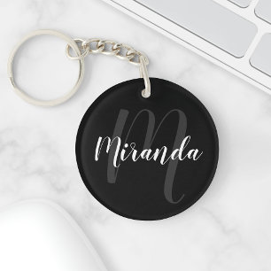 Porte-clefs Black Modern Script Personnalisé Monogramme et nom