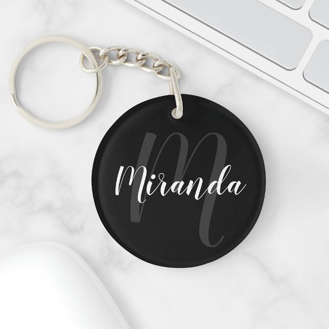 Porte-clefs Black Modern Script Personnalisé Monogramme et nom (Créateur téléchargé)