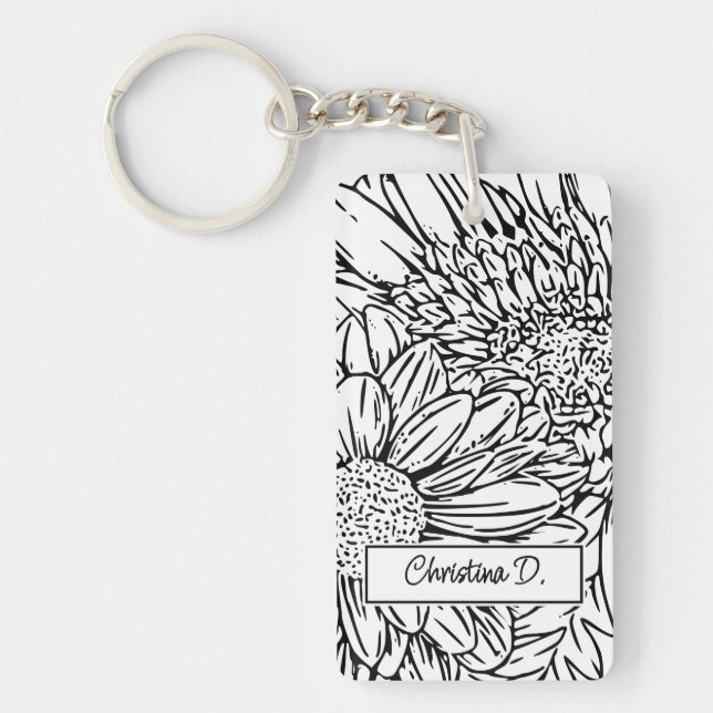 Porte-clefs Black on White Chrysanthemums with Photo (Devant)