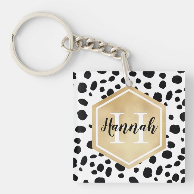 Porte-clefs Black White Spots Motif Gold Monogramme (Devant)