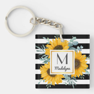 Porte-clefs Black White Stripes Gold Sunflower Personnalisé