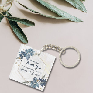 Porte-clefs Blanc Bleu Floral Merci mariage Faveurs