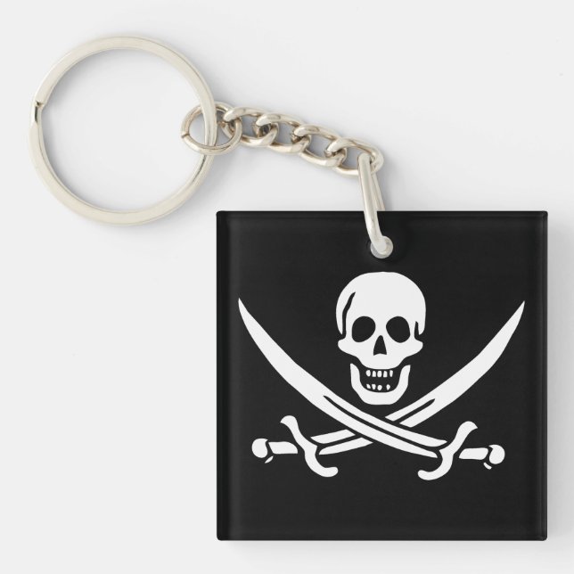 Porte-clefs Blanc, Drapeau de Pirate Calico Jack, Crâne et Sab (Devant)