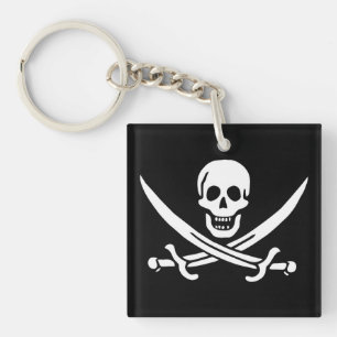 Porte-clefs Blanc, Drapeau Pirate Calico Jack, Crâne & Cutlass