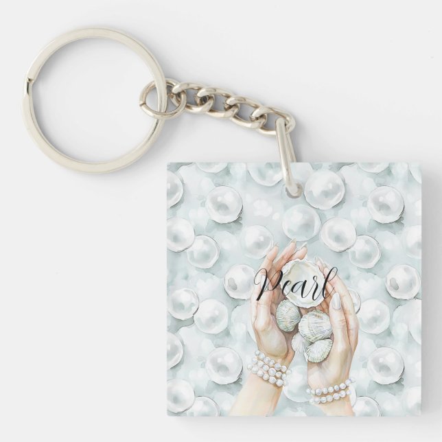 Porte-clefs Blanc Ocean Mousse de Mer Bleu Coquilles Perles (Devant)