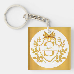 Porte-clefs Blason de monogramme élégant en or, nom personnali