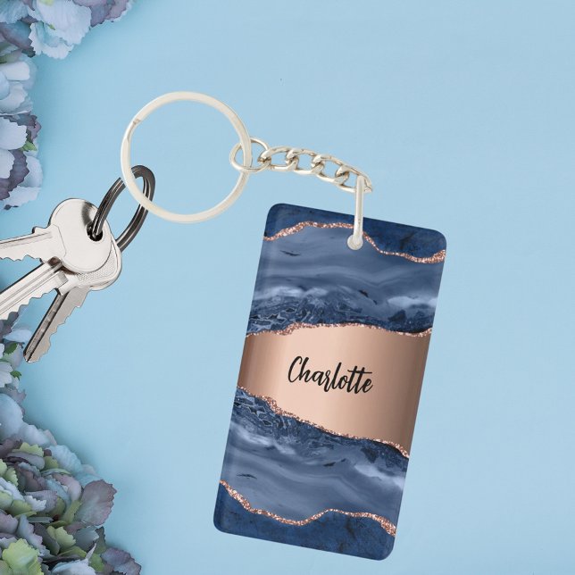 Porte-clefs Bleu agate marbre rose or nom script (Créateur téléchargé)