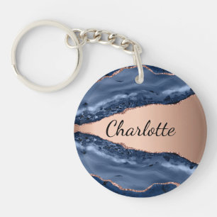 Porte-clefs Bleu agate marbre rose or nom script