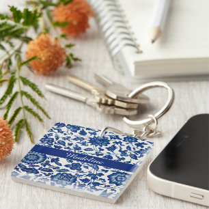 Porte-clefs Bleu Blanc Fleur Sauvage Français Chinoiserie