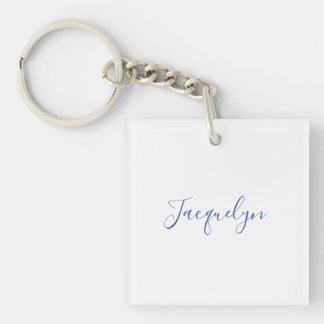 Porte-clefs Bleu Blanc Plaine Élégant Moderne Calligraphie Nom