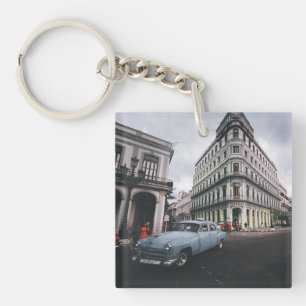 Porte-clefs Bleu Classic Vintage Car Cityscape