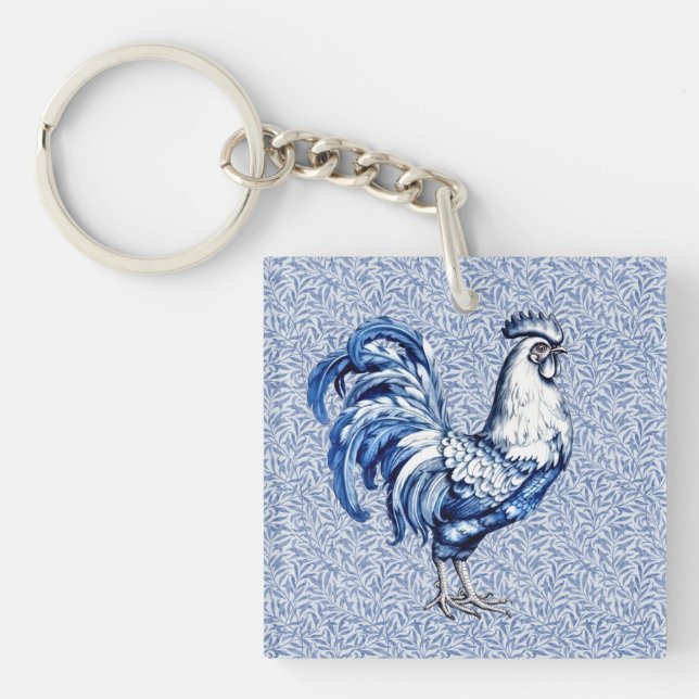 Porte-clefs Bleu Delft Et Poulet Blanc Rooster (Devant)