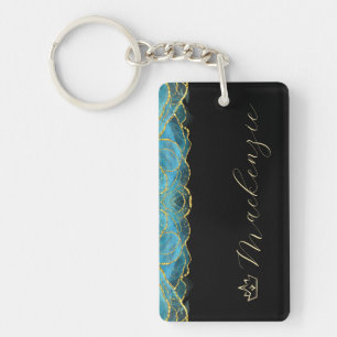 Porte-clefs Bleu et Or Élégant Script Personnalisé